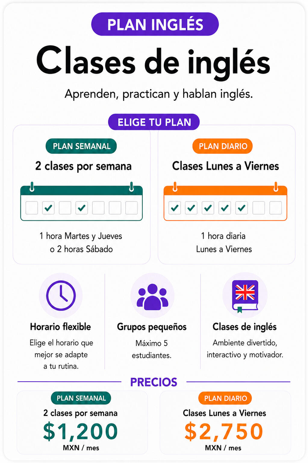 Plan Clases de Inglés Precios de paln clases de inglés en línea para niños de primaria con horarios flexibles, grupos pequeños y apoyo académico