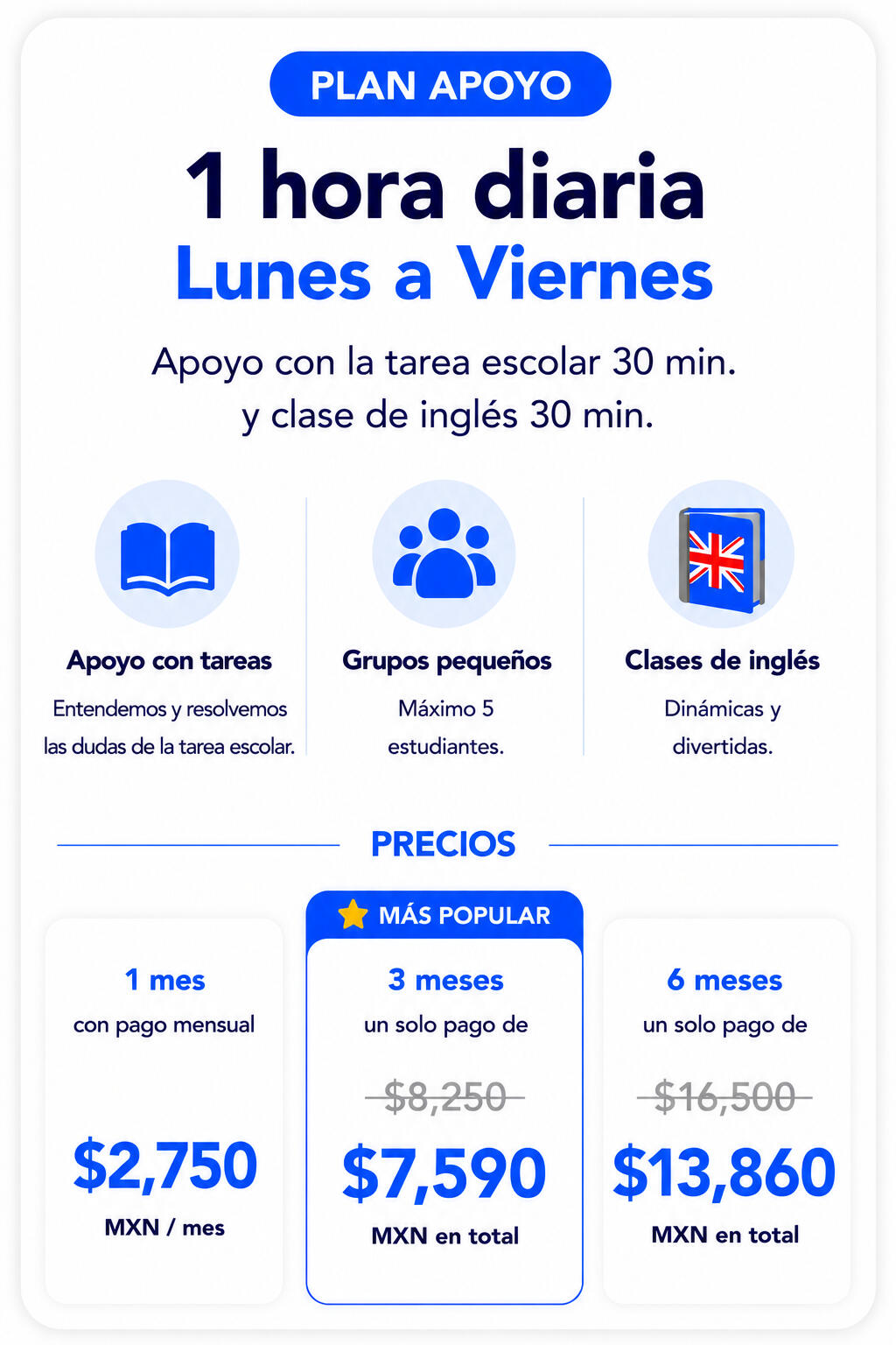 Plan Apoyo Precios de plan apoyo escolar e inglés en línea para niños con clases diarias de 1 hora, grupos pequeños y acompañamiento académico