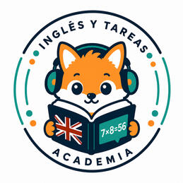 Inglés y Tareas Academia logo Logo de Inglés y Tareas Academia con mascota de zorro usando audífonos y libro de inglés