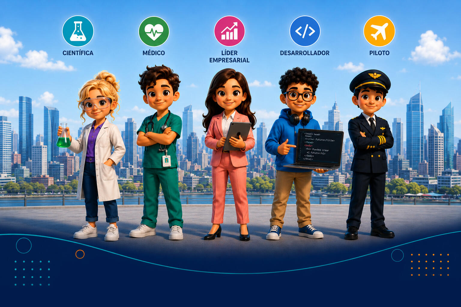 Profesiones y futuro académico para niños Ilustración educativa de futuras oportunidades de niños imaginando profesionales como científica, médico, desarrollador, líder empresarial y piloto gracias al estudio y aprendizaje académico